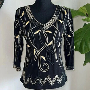 Lauren Michelle Petite 1990s Women’s Gold Black V-Neck 3/4 Sleeve Top Tunic PM